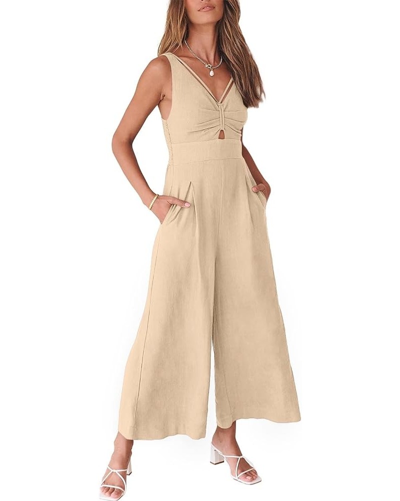 Women's Summer Wide Leg Jumpsuits V Neck Sleeveless High Waist Vacation Linen Rompers Dressy Beige $20.25 Jumpsuits