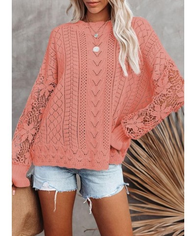 Womens Crewneck Crochet Lace Long Sleeve Hollow Out Cable Knit Pullover Sweaters Tops A Light Pink $21.15 Sweaters