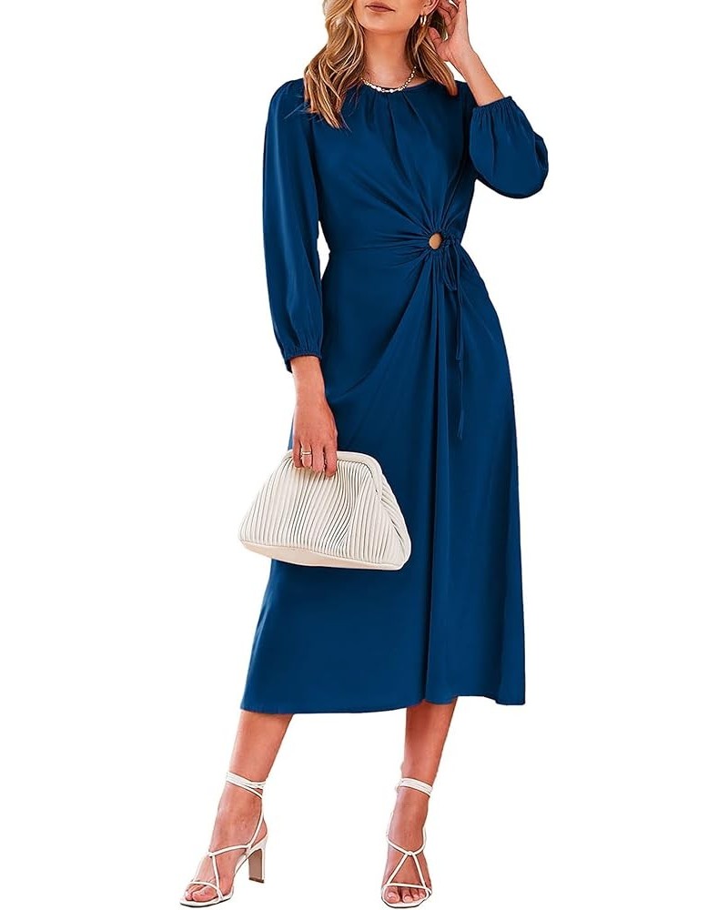 Women's 2024 Satin Maxi Dress Puff Long Sleeve Crewneck Cutout Casual A-line Long Flowy Dresses Dark Blue $11.39 Dresses