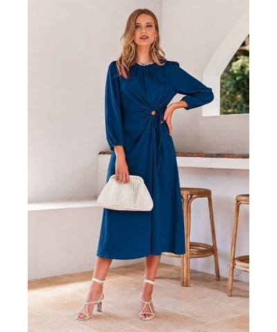 Women's 2024 Satin Maxi Dress Puff Long Sleeve Crewneck Cutout Casual A-line Long Flowy Dresses Dark Blue $11.39 Dresses