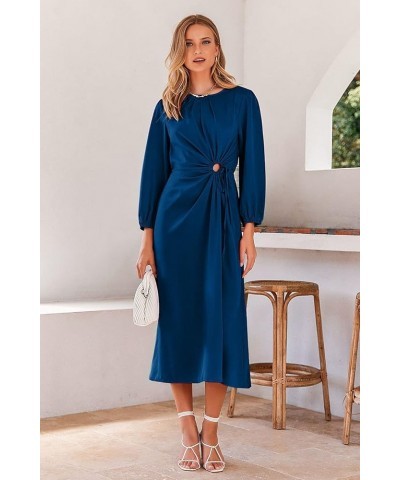 Women's 2024 Satin Maxi Dress Puff Long Sleeve Crewneck Cutout Casual A-line Long Flowy Dresses Dark Blue $11.39 Dresses