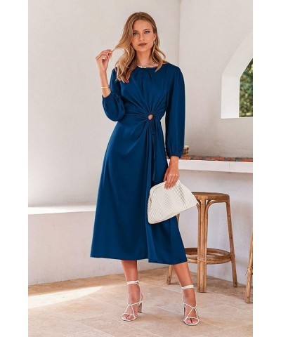 Women's 2024 Satin Maxi Dress Puff Long Sleeve Crewneck Cutout Casual A-line Long Flowy Dresses Dark Blue $11.39 Dresses