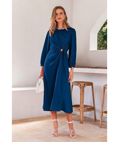Women's 2024 Satin Maxi Dress Puff Long Sleeve Crewneck Cutout Casual A-line Long Flowy Dresses Dark Blue $11.39 Dresses