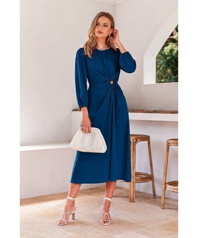 Women's 2024 Satin Maxi Dress Puff Long Sleeve Crewneck Cutout Casual A-line Long Flowy Dresses Dark Blue $11.39 Dresses