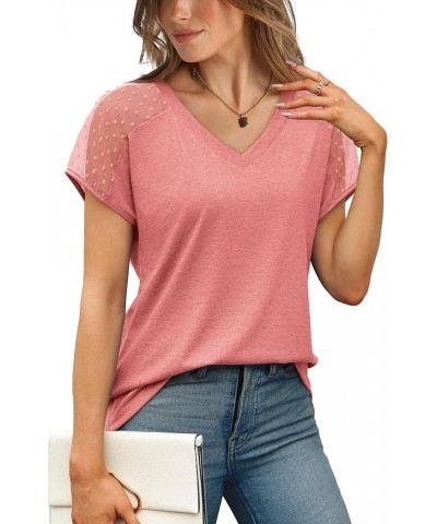 Summer Tops for Women V Neck T-Shirts Swiss Dot Short Sleeve Shirts Casual Fashion Blouses 1-coral $14.74 T-Shirts