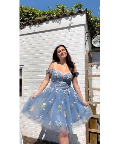 Tulle Flower Embroidery Homecoming Dresses Spaghetti Straps Short Floral Prom Party Dress 3 Style-blue $26.00 Dresses