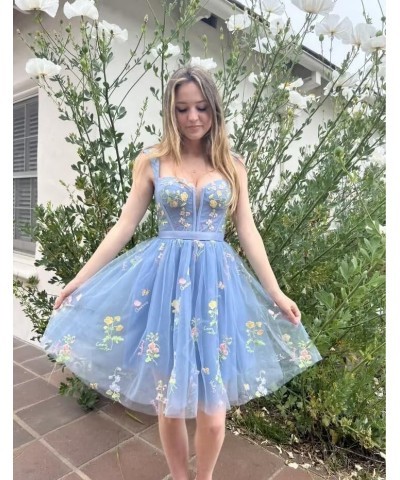 Tulle Flower Embroidery Homecoming Dresses Spaghetti Straps Short Floral Prom Party Dress 3 Style-blue $26.00 Dresses