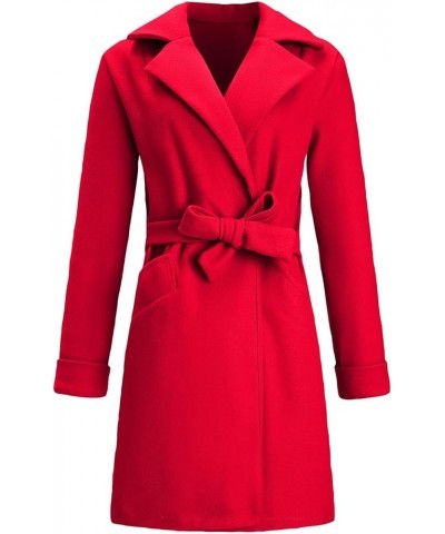 Wool Trench Coat for Women with Belt Mid-Length Lapel Collar Long Sleeve Solid Color Open Front Trendy Winter Coats 02-red $1...