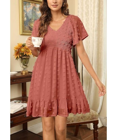 Womens 2024 Summer Smocked Dress Short Flutter Sleeve V Neck Swiss Dot Babydoll Ruffle Tiered Mini Dress Solid Dusty Orange $...