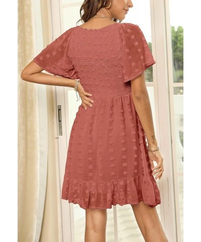 Womens 2024 Summer Smocked Dress Short Flutter Sleeve V Neck Swiss Dot Babydoll Ruffle Tiered Mini Dress Solid Dusty Orange $...