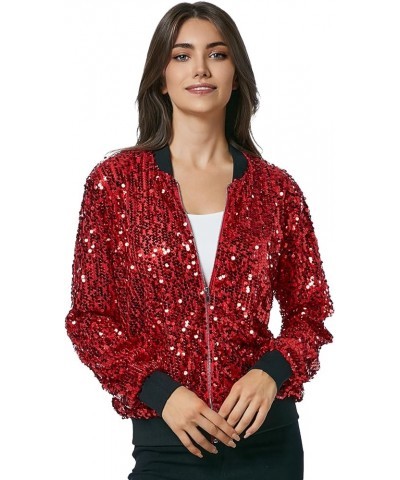 Women's Sequin Long Sleeve Front Zip Bomber Jacket with Ribbed Cuffs Red $24.98 Jackets