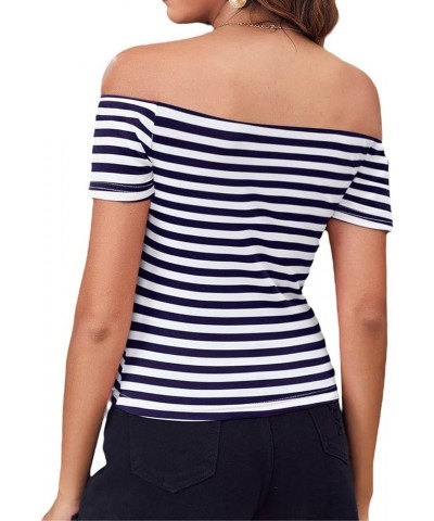 Women's Short Sleeve Vogue Fitted Off Shoulder Shirt Modal Top T-Shirt Navy Stripe $12.25 T-Shirts