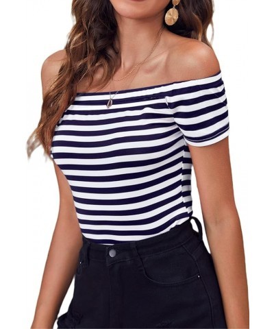 Women's Short Sleeve Vogue Fitted Off Shoulder Shirt Modal Top T-Shirt Navy Stripe $12.25 T-Shirts