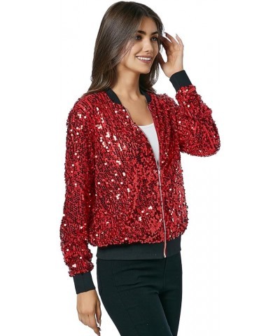 Women's Sequin Long Sleeve Front Zip Bomber Jacket with Ribbed Cuffs Red $24.98 Jackets