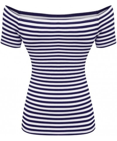Women's Short Sleeve Vogue Fitted Off Shoulder Shirt Modal Top T-Shirt Navy Stripe $12.25 T-Shirts