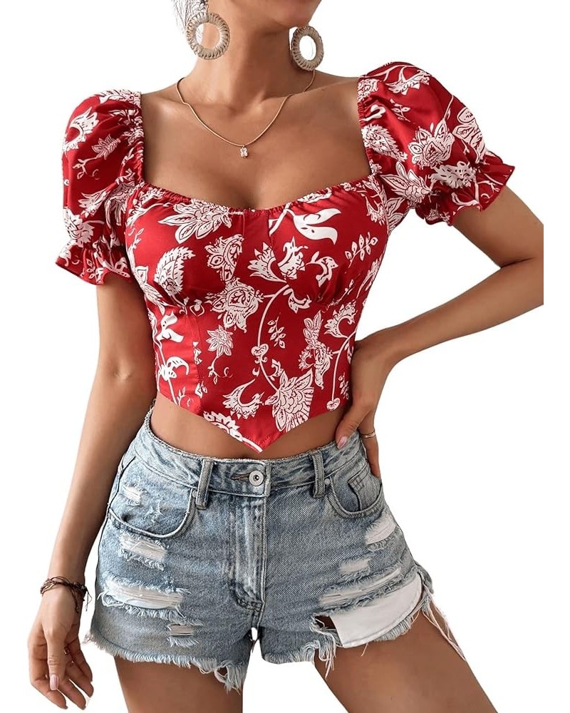 Women's Short Puff Sleeve Square Neck Crop Top Casual Floral Print Shirred Slim Fit Blouse Red Floral $14.24 Blouses