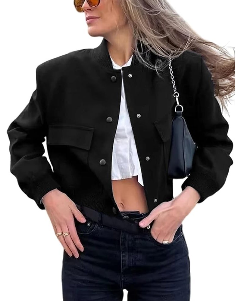 Womens Cropped Jacket Lightweight Bomber Coat Jacket Casual Long Sleeve Varsity Jacket with Pocket Y2k Streetwear Black $17.6...