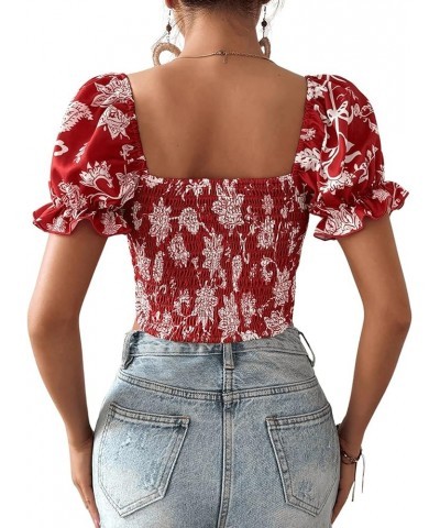 Women's Short Puff Sleeve Square Neck Crop Top Casual Floral Print Shirred Slim Fit Blouse Red Floral $14.24 Blouses