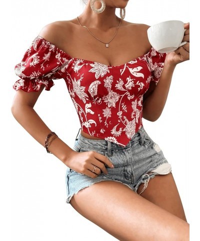 Women's Short Puff Sleeve Square Neck Crop Top Casual Floral Print Shirred Slim Fit Blouse Red Floral $14.24 Blouses