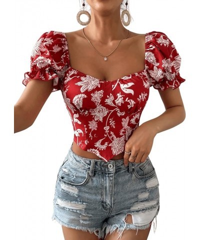 Women's Short Puff Sleeve Square Neck Crop Top Casual Floral Print Shirred Slim Fit Blouse Red Floral $14.24 Blouses