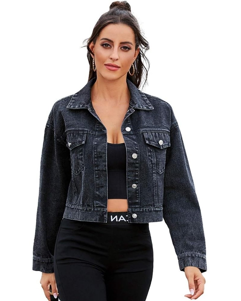 Cropped Denim Jean Jacket Long Sleeve A-black $22.56 Jackets