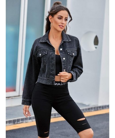 Cropped Denim Jean Jacket Long Sleeve A-black $22.56 Jackets