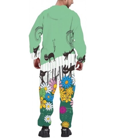 Unisex Hooded Jumpsuit Onesie Rompers Long Sleeves One Piece Pajamas Overalls Warm Tracksuit with Hooded Pockets Cats Piano M...