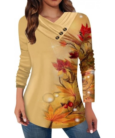 Womens Blouses Dressy Casual Buttons Neck Long Sleeve Shirt Vintage Printed Trendy Color Block Patchwork Blouses Tees 05-oran...