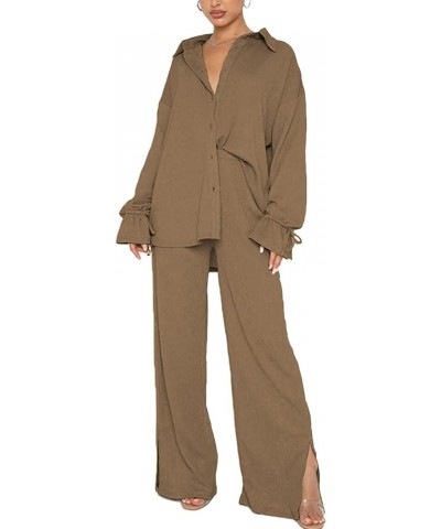 Women's 2 Piece Outfits Button Down Long Sleeve Shirt and Wide Leg Pants Set Khaki $24.25 Jumpsuits