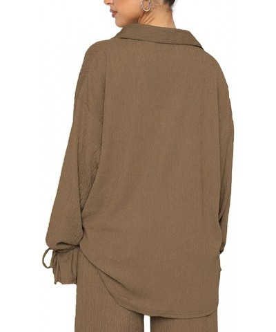 Women's 2 Piece Outfits Button Down Long Sleeve Shirt and Wide Leg Pants Set Khaki $24.25 Jumpsuits
