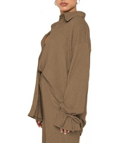 Women's 2 Piece Outfits Button Down Long Sleeve Shirt and Wide Leg Pants Set Khaki $24.25 Jumpsuits
