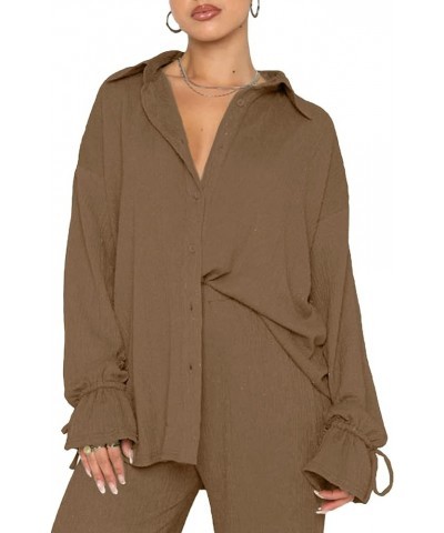 Women's 2 Piece Outfits Button Down Long Sleeve Shirt and Wide Leg Pants Set Khaki $24.25 Jumpsuits