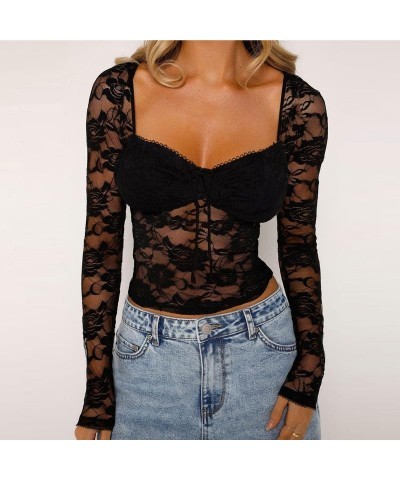 Women Lace Patchwork Long Sleeve Top Sexy Mesh See Through Tshirts Slim Fit Y2k Going Out Streetwear C-5 Floral Lace Black $8...
