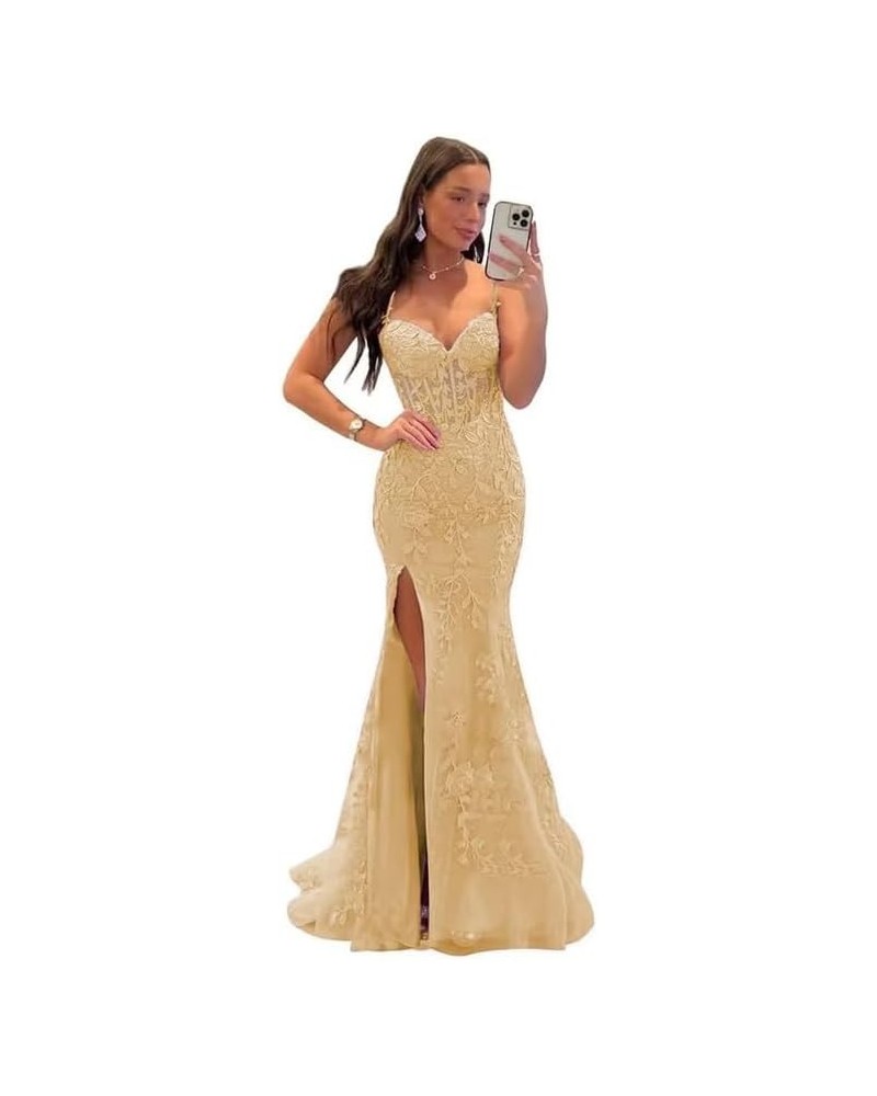 Lace Appliques Prom Dresses for Women Tulle Mermaid Bodycon Formal Evening Dress with Slit BD432 Gold $41.40 Dresses