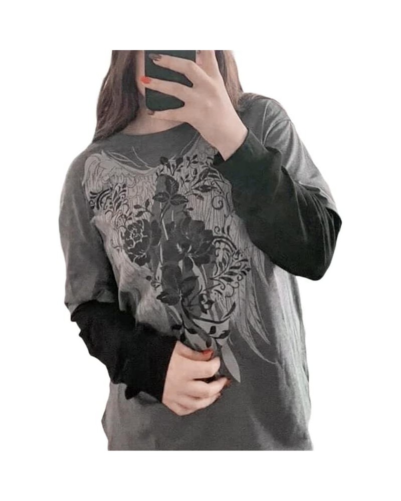 Women 's Gothic Y2k Graphic T-Shirt Long Sleeve Loose Fairy Grunge Sweatshirt Crew Neck Aesthetic Tees Top Grey&black $10.63 ...