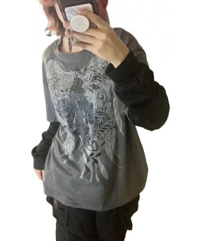 Women 's Gothic Y2k Graphic T-Shirt Long Sleeve Loose Fairy Grunge Sweatshirt Crew Neck Aesthetic Tees Top Grey&black $10.63 ...