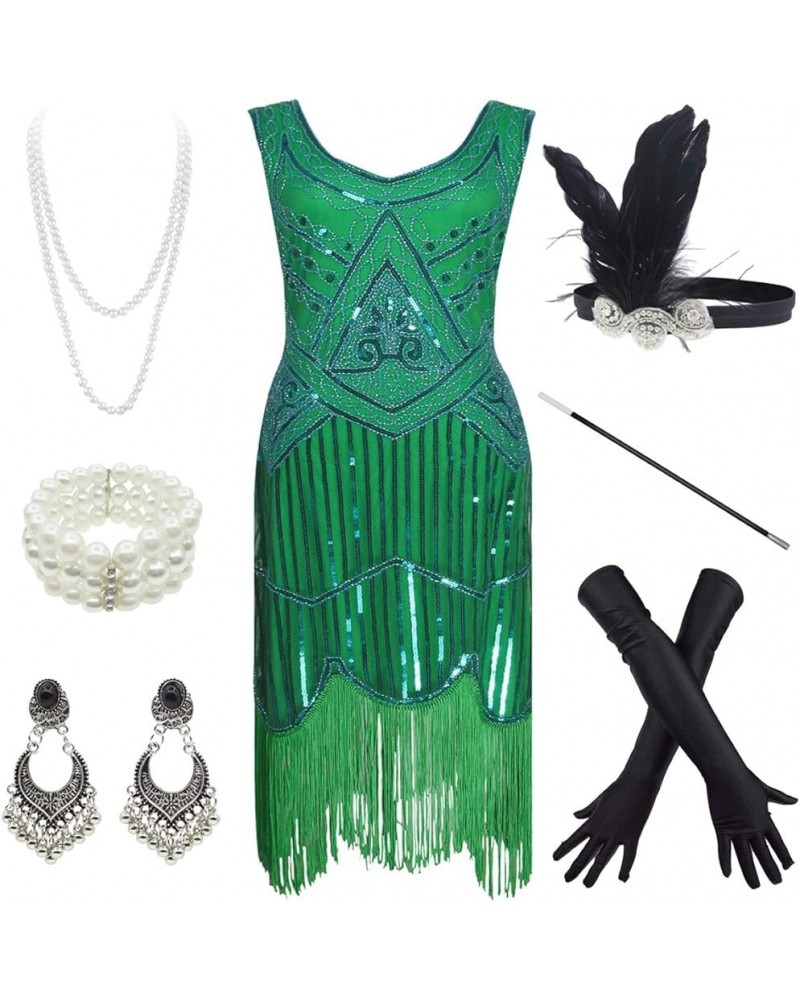 1920s Gatsby Fringed Paisley Plus Size Flapper Dress with 20s Accessories Set Flower Green $23.95 Sets