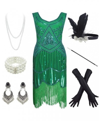 1920s Gatsby Fringed Paisley Plus Size Flapper Dress with 20s Accessories Set Flower Green $23.95 Sets