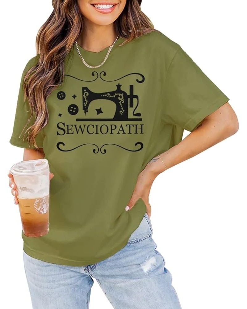 Women's Sewing Lovers T Shirt Sewciopath Graphic Tee Funny Sew Machine Top Round Neck Short Sleeve Casual Shirts Armygreen $8...