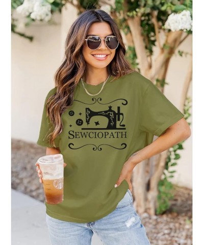 Women's Sewing Lovers T Shirt Sewciopath Graphic Tee Funny Sew Machine Top Round Neck Short Sleeve Casual Shirts Armygreen $8...