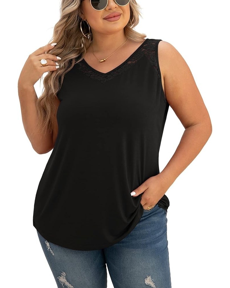Women Plus Size Summer Lace Trim Casual V-Neck T-Shirts Loose Sleeveless Tops Tunic Blouse Black $11.39 Tanks