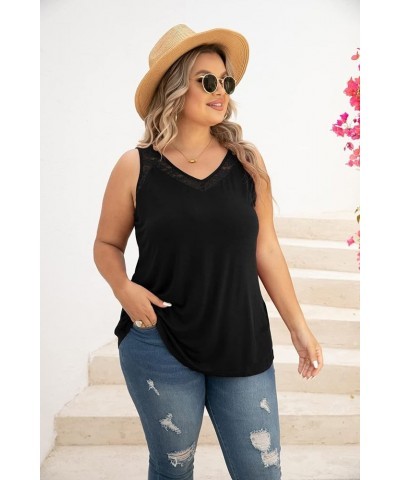 Women Plus Size Summer Lace Trim Casual V-Neck T-Shirts Loose Sleeveless Tops Tunic Blouse Black $11.39 Tanks
