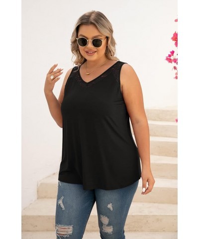 Women Plus Size Summer Lace Trim Casual V-Neck T-Shirts Loose Sleeveless Tops Tunic Blouse Black $11.39 Tanks