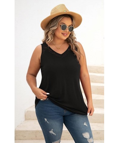 Women Plus Size Summer Lace Trim Casual V-Neck T-Shirts Loose Sleeveless Tops Tunic Blouse Black $11.39 Tanks