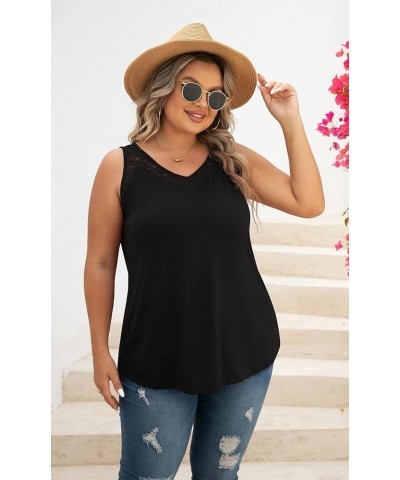 Women Plus Size Summer Lace Trim Casual V-Neck T-Shirts Loose Sleeveless Tops Tunic Blouse Black $11.39 Tanks