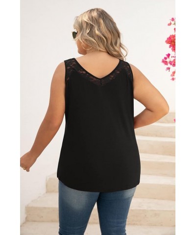 Women Plus Size Summer Lace Trim Casual V-Neck T-Shirts Loose Sleeveless Tops Tunic Blouse Black $11.39 Tanks