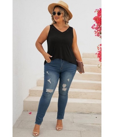 Women Plus Size Summer Lace Trim Casual V-Neck T-Shirts Loose Sleeveless Tops Tunic Blouse Black $11.39 Tanks