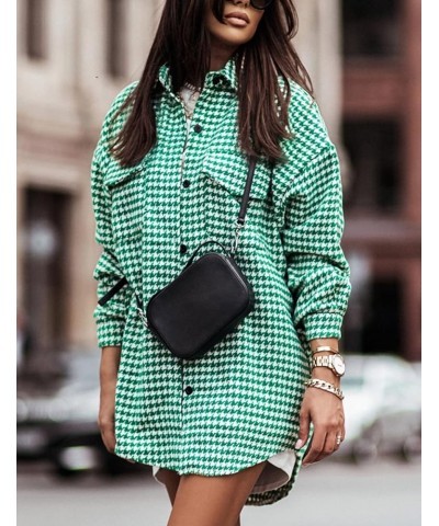 Women's Houndstooth Shacket Long Sleeve Plaid Jacket Casual Cardigans Trench Shirt Fashion Button Down Outwear Coat Green $8....