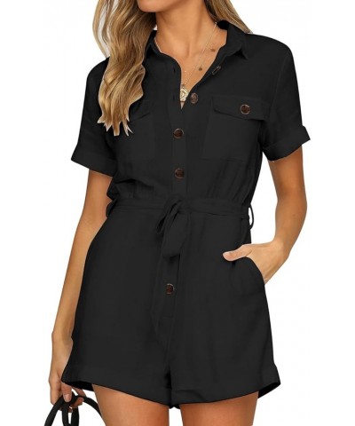 Womens Summer Pockets Belted Romper Button Short Sleeve Jumpsuit Playsuit Black $21.27 Rompers