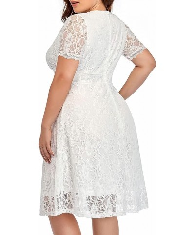 Women Plus Size Lace Wedding Guest Cocktail Formal Wrap V Neck Short Sleeve Knee Length Dresses White $29.11 Dresses